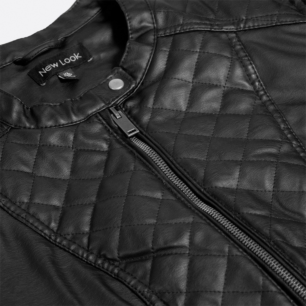 Quilted Onyx Black Faux Leather Moto Biker Jacket Sleek Collarless 0X Large - Picture 4 of 8